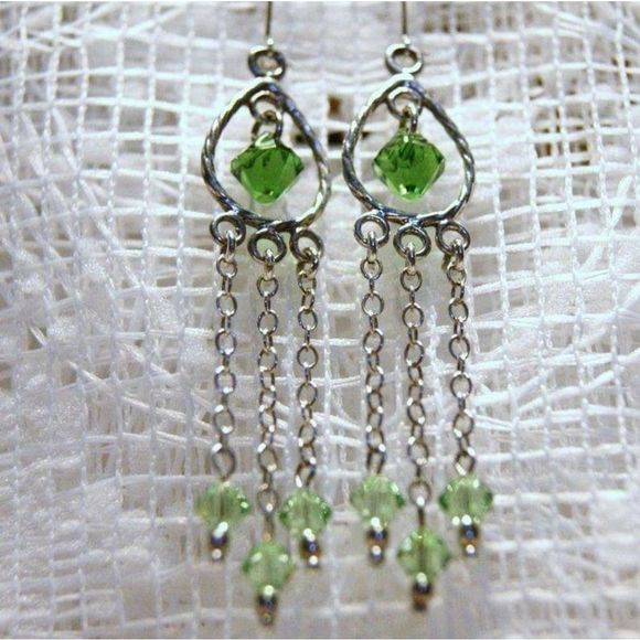 Handmade Bright Green Swarovski Crystal Sterling Silver Chandelier Earrings - Picture 5 of 5